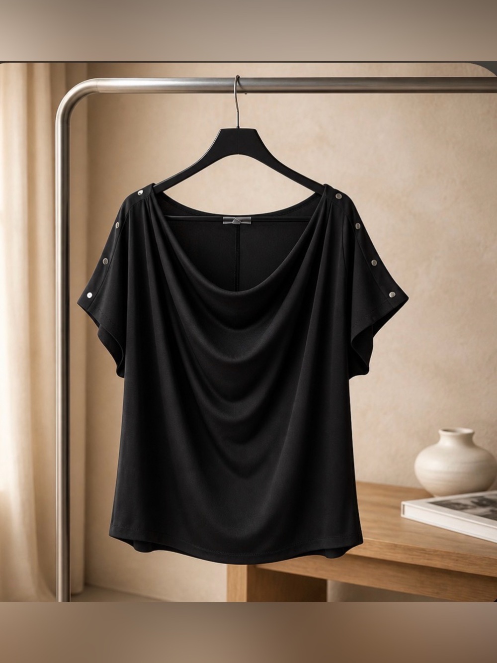 89th & Madison Black Draped Boatneck Top with Snap-Accent Short Sleeves